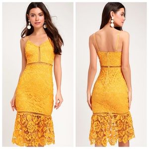 Taliah Golden Yellow Lace Midi Dress